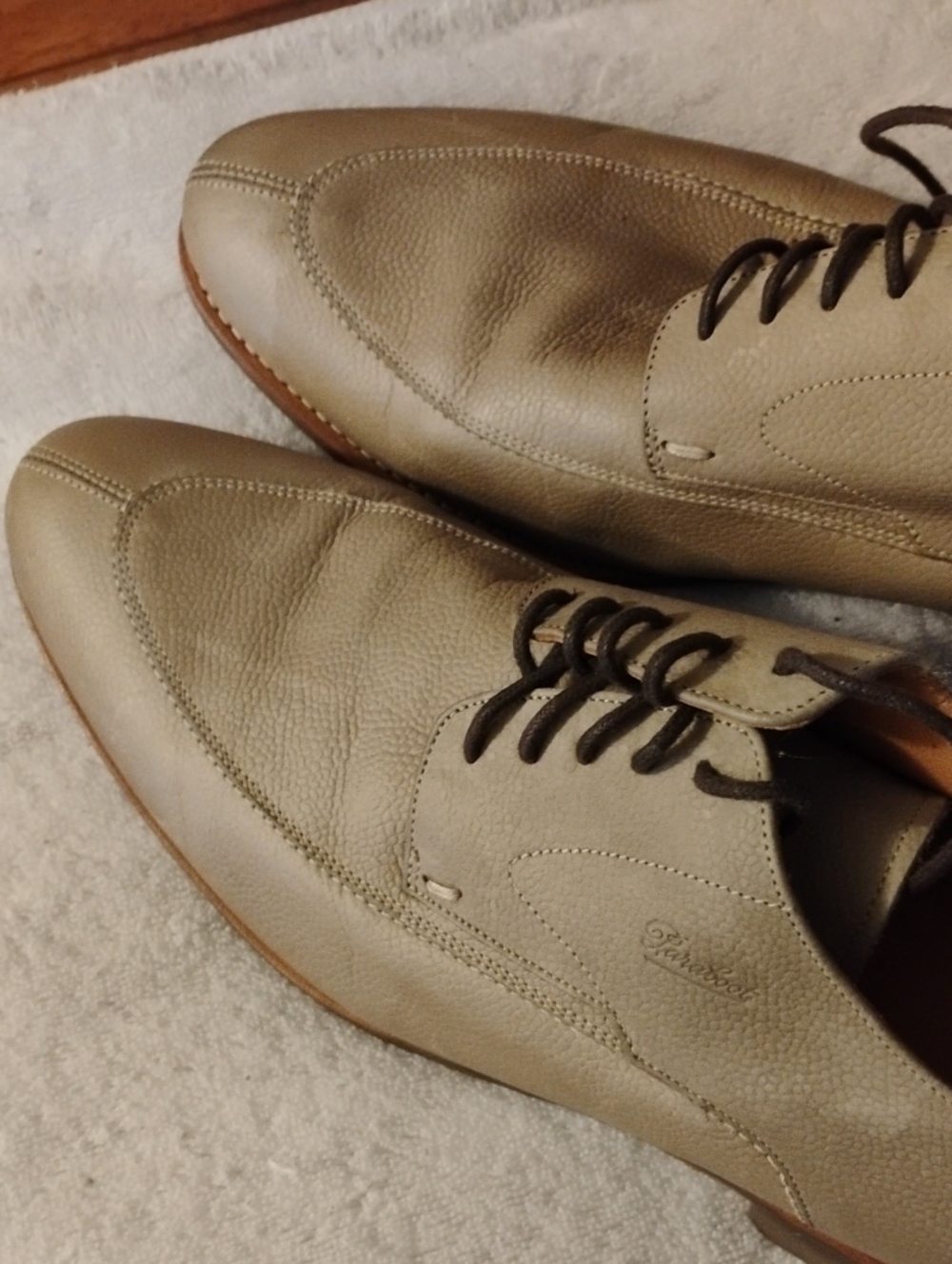 Men's Taupe Leather Derby Shoes with Dark Brown Laces,Made In France.